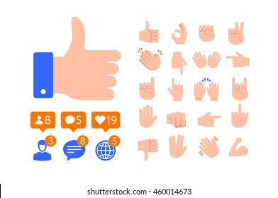 Flat design Thumb icon, Like symbol, Message and notification set. Abstract emoji emoticon hands collection svg
