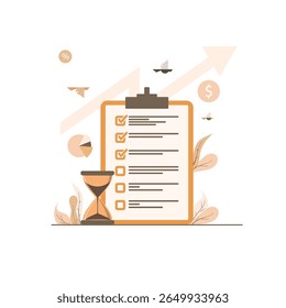 Lista de verificação plana de produtividade e gerenciamento do tempo de design. Ilustração da lista de verificação com ampulheta e lista de tarefas. Conceito de gerenciamento de tempo. Design de Ilustração de Prazo Final