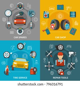 Flat design tire service equipment car spares and shop items 2x2 set on colorful background isolated vector illustration