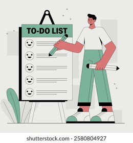 Flat design to-do list illustration concept. A man is standing holding a pencil and pointing to the list