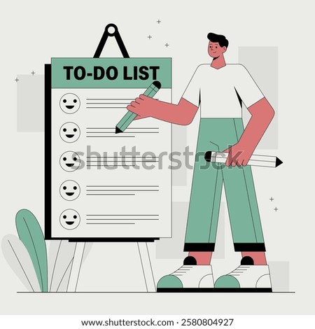 Flat design to-do list illustration concept. A man is standing holding a pencil and pointing to the list