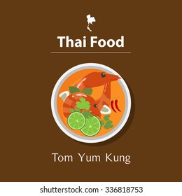 Flat design of Tom Yum Kung. Thai food. Top view. Vector Illustration.
