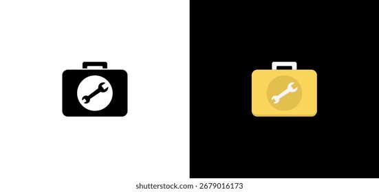 Flat design toolbox icon with wrench symbol in black and color version. Suitable for repair, maintenance, and construction themes.