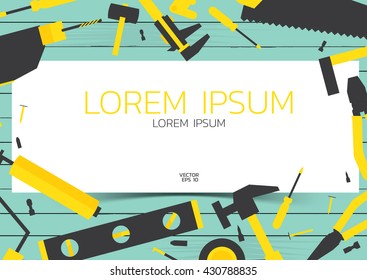 Flat design tools object yellow tone and white frame. tools work desk concept.