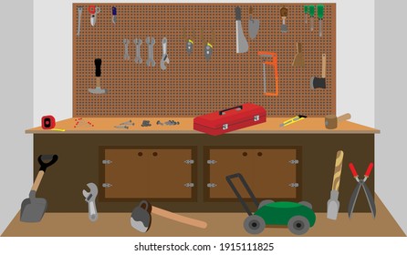 Flat design tools room, room for technician that so much tools in this room ,Workplace of technician with working tools. (Vector  illustration)