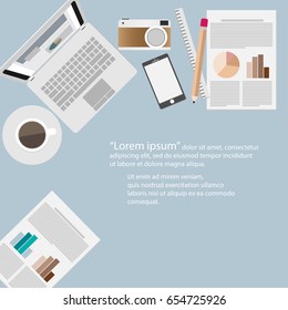 Flat design top view of desk modern business office and workspace vector illustration