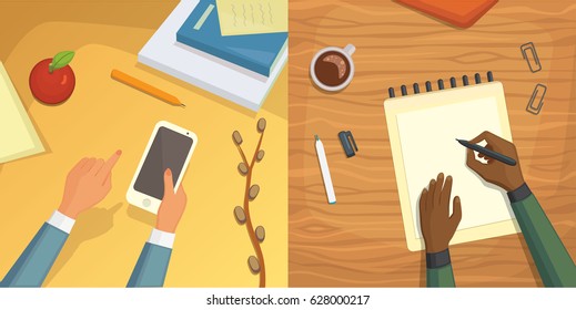 Flat design top view on desk concept Design, Writing on letter. Workplace Flat design. blogging illustration.