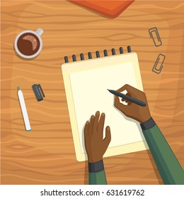 Flat design top view on desk concept Design Writing