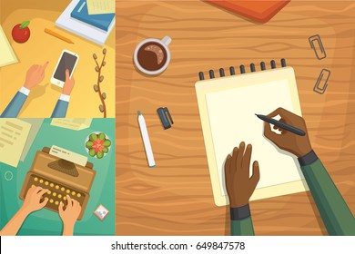 Flat Design Top View On Desk Concept Design, Writing On Letter. Workplace With Typewriter. Flat Design. Blogging Illustration.