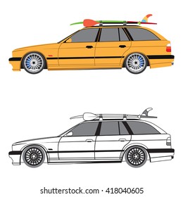 Flat design touring car with surfboard and paddle on the roof, color and outline, isolated