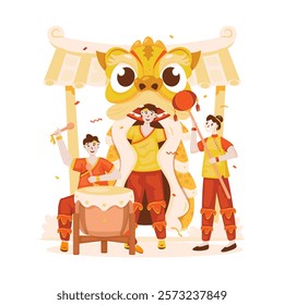 Flat design traditional barongsai performer, Lion dance parade, Chinese new year, Vector illustration