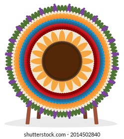 Flat design with traditional and emblematic Silleta with wooden legs for exhibition, decorated with a sunflower shape and Colombian flag colors, isolated over white background.