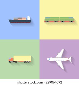 Flat design transport icons with shadows. Vector