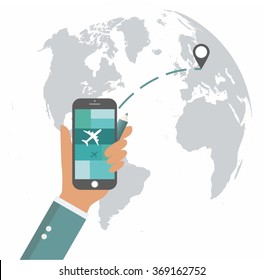 flat design travel app mobile UI mock up, on trendy world map background