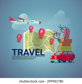 flaches Design Reisebannerhintergrund , andere Art der Beförderung, per Flugzeug, mit dem Auto und Check-in Symbol auf Karte . 