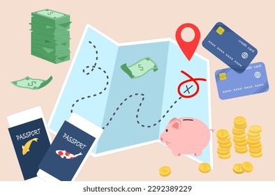 Flat design of travel budget, flat design of holiday preparation vector, vacation budget vector, Japan travel destination vector, save money for vacation vector, flat design of save money for travel.