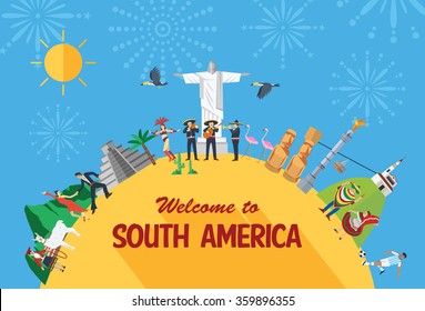 Flat Design Travel Concept, South America Icons And Landmarks.