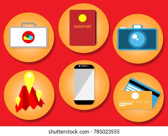 Flat Design With Travel Icon Set In Round Shapes And Tourist Theme Elements. Travel Icons Buttons. Vacation, Recreation Background For Banners,Presentations, Reports,Wallpaper.Vector Illustration. 
