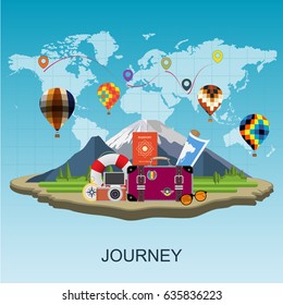 Flat design. Travel planning Go around the world, adventure in the jungle.Vector illustration.