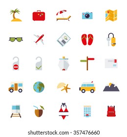 Flat Design Travel and Vacation Icon Set. Collection of isolated tourism and holiday related vector symbols