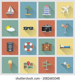 Flat design travel and vacation icons with long shadow effect.