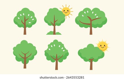 Flat design tree collection in various green styles perfect for landscapes, nature themes, educational projects, or kids’ games.