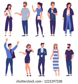 Flat design trendy color vector people set. Different characters, styles and professions, ready to animation  diverse acting poses collection. Varios poses, sitting, standing, handshaking.