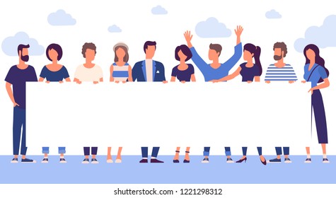 Flat design trendy color vector people with blank white banner. Different characters, styles and professions, standing together diverse acting poses collection. 