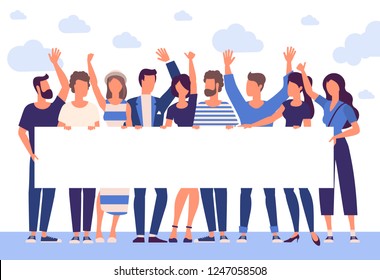 Flat design trendy color vector people with blank white banner. Different characters, styles and professions, standing together diverse acting poses collection. 