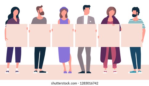 Flat design trendy color vector people with blank white banner. Different characters, styles and professions, standing together diverse acting poses collection. 