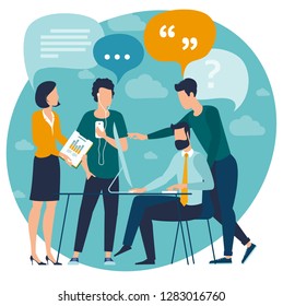 Flat design trendy color vector people with blank speech bubbles. Different characters, styles and professions, standing together diverse acting poses collection. Ctrative business process template.