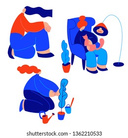 Flat design trendy color vector girl spends time at home and resting. Set of women enjoying their free time - cultivating home garden, dancing, take care of cat.