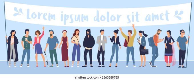 Flat design trendy color vector people with blank white banner. Different characters, styles and professions, standing together diverse acting poses collection. 