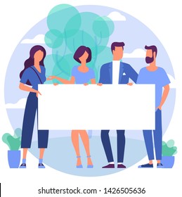 Flat design trendy color vector people with blank white banner. Different characters, styles and professions, standing together diverse acting poses collection. 