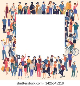 Flat design trendy color vector people with blank white banner. Different characters, styles and professions, standing together diverse acting poses collection. 