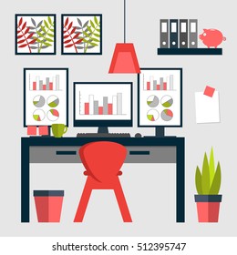 Flat design of trendy home office layout with triple monitors.