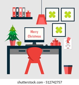 Flat design of trendy home office with Christmas decorations.