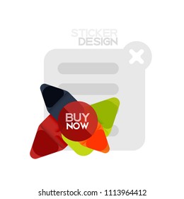 Flat design triangle arrow shape geometric sticker icon, paper style design with buy now sample text, for business or web presentation, app or interface buttons, internet website store banners and