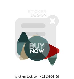 Flat design triangle arrow shape geometric sticker icon, paper style design with buy now sample text, for business or web presentation, app or interface buttons, internet website store banners and