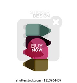 Flat design triangle arrow shape geometric sticker icon, paper style design with buy now sample text, for business or web presentation, app or interface buttons, internet website store banners and