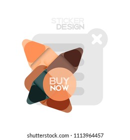 Ícone de adesivo geométrico forma de seta de triângulo de design plano, design de estilo de papel com texto de amostra de comprar agora, para apresentação de negócios ou da Web, botões de aplicativo ou interface, banners de loja de site da internet e