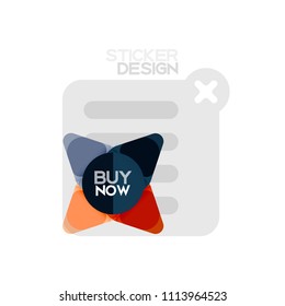 Flat design triangle arrow shape geometric sticker icon, paper style design with buy now sample text, for business or web presentation, app or interface buttons, internet website store banners and