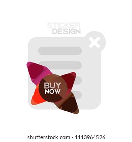 Flat design triangle arrow shape geometric sticker icon, paper style design with buy now sample text, for business or web presentation, app or interface buttons, internet website store banners and