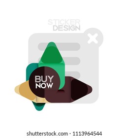 Flat design triangle arrow shape geometric sticker icon, paper style design with buy now sample text, for business or web presentation, app or interface buttons, internet website store banners and