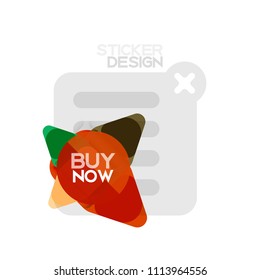 Flat design triangle arrow shape geometric sticker icon, paper style design with buy now sample text, for business or web presentation, app or interface buttons, internet website store banners and