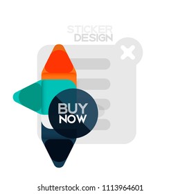 Flat design triangle arrow shape geometric sticker icon, paper style design with buy now sample text, for business or web presentation, app or interface buttons, internet website store banners and