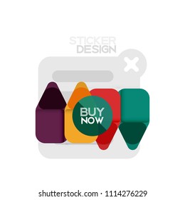 Flat design triangle arrow shape geometric sticker icon, paper style design with buy now sample text, for business or web presentation, app or interface buttons, internet website store banners and