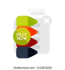 Flat design triangle arrow shape geometric sticker icon, paper style design with buy now sample text, for business or web presentation, app or interface buttons, internet website store banners and