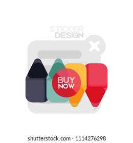 Flat design triangle arrow shape geometric sticker icon, paper style design with buy now sample text, for business or web presentation, app or interface buttons, internet website store banners and