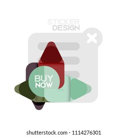 Flat design triangle arrow shape geometric sticker icon, paper style design with buy now sample text, for business or web presentation, app or interface buttons, internet website store banners and